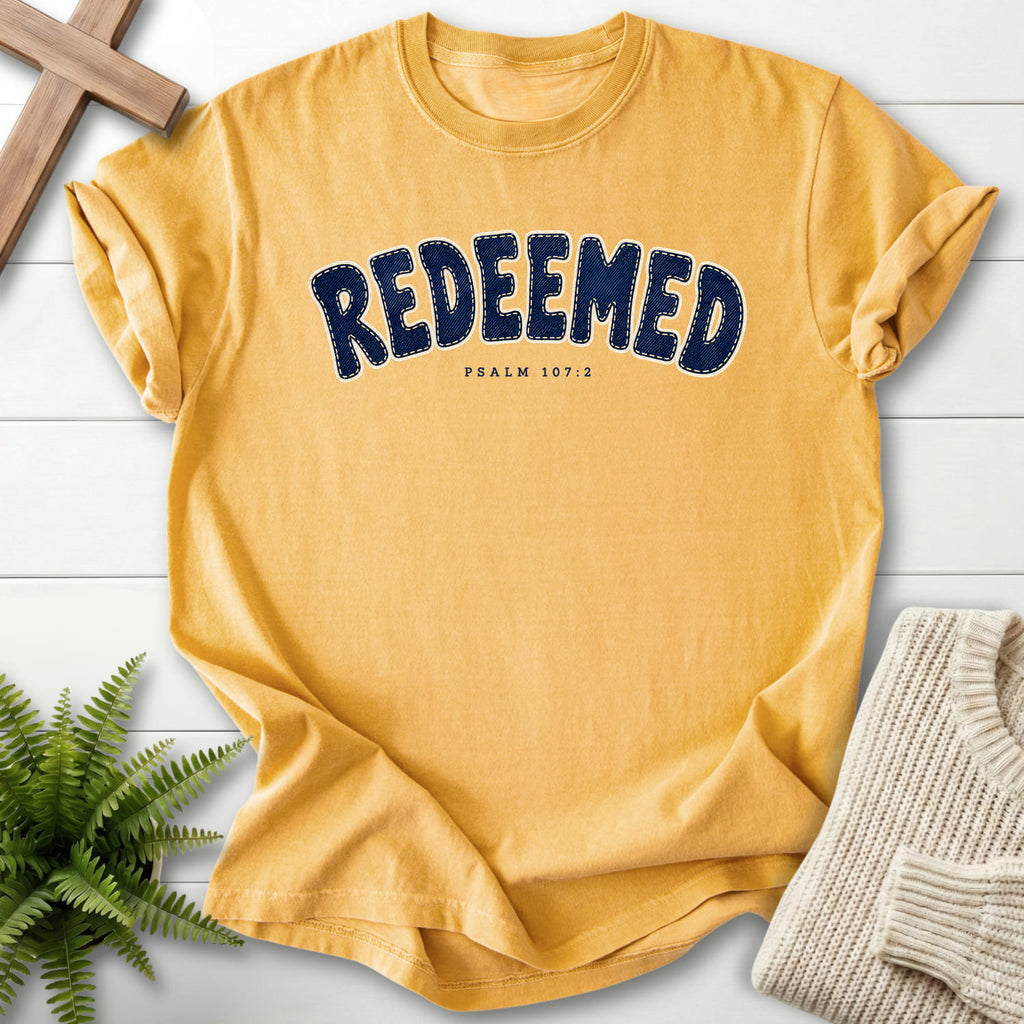 Mustard Redeemed T-shirt flat lay mockup, Psalm 107:2 Christian apparel for women