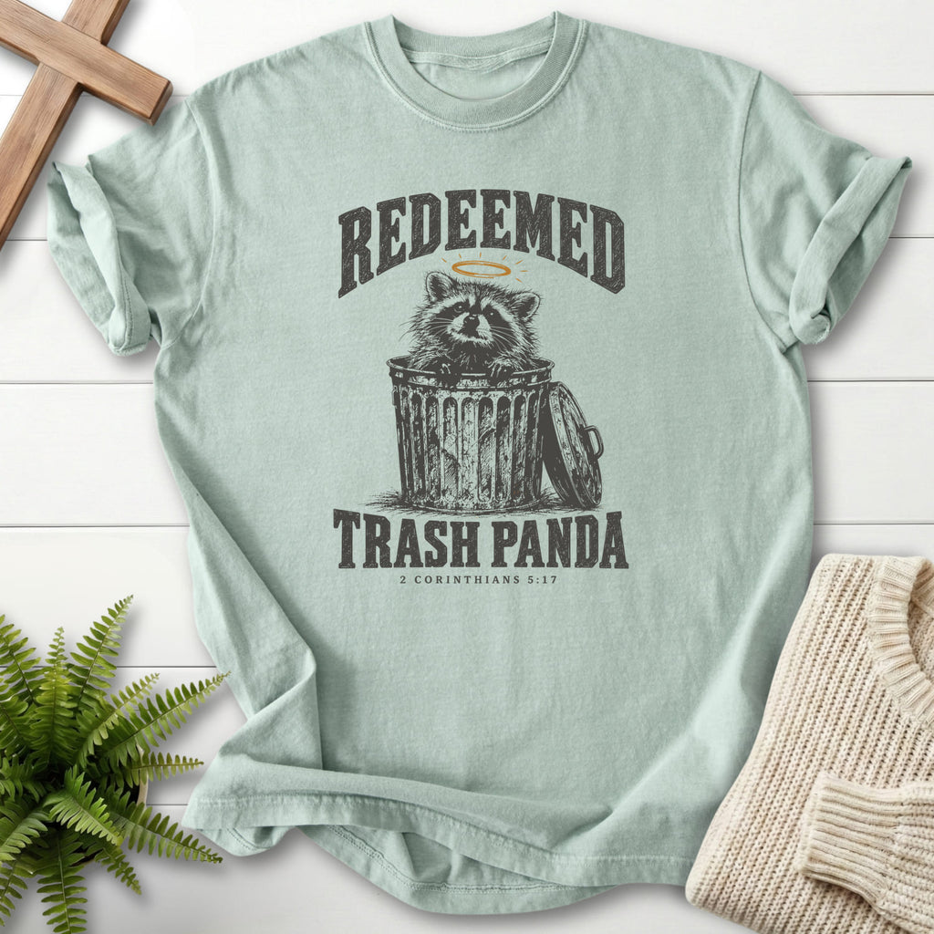 Bay Redeemed Trash Panda T-shirt flat lay mockup, 2 Corinthians 5:17 Christian apparel for women