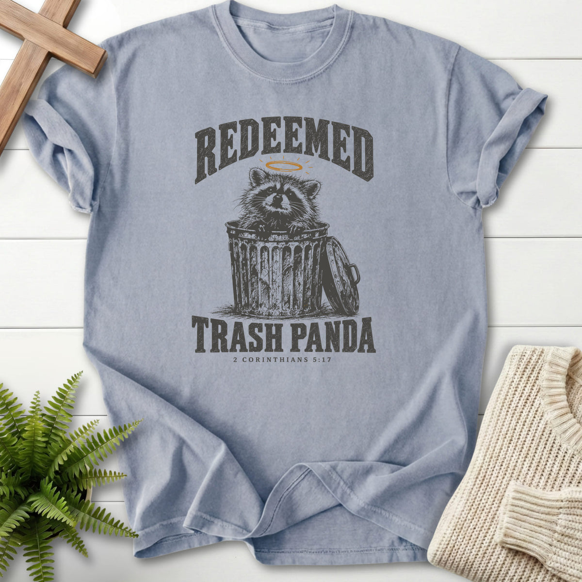 Granite Redeemed Trash Panda T-shirt flat lay mockup, 2 Corinthians 5:17 Christian apparel for women