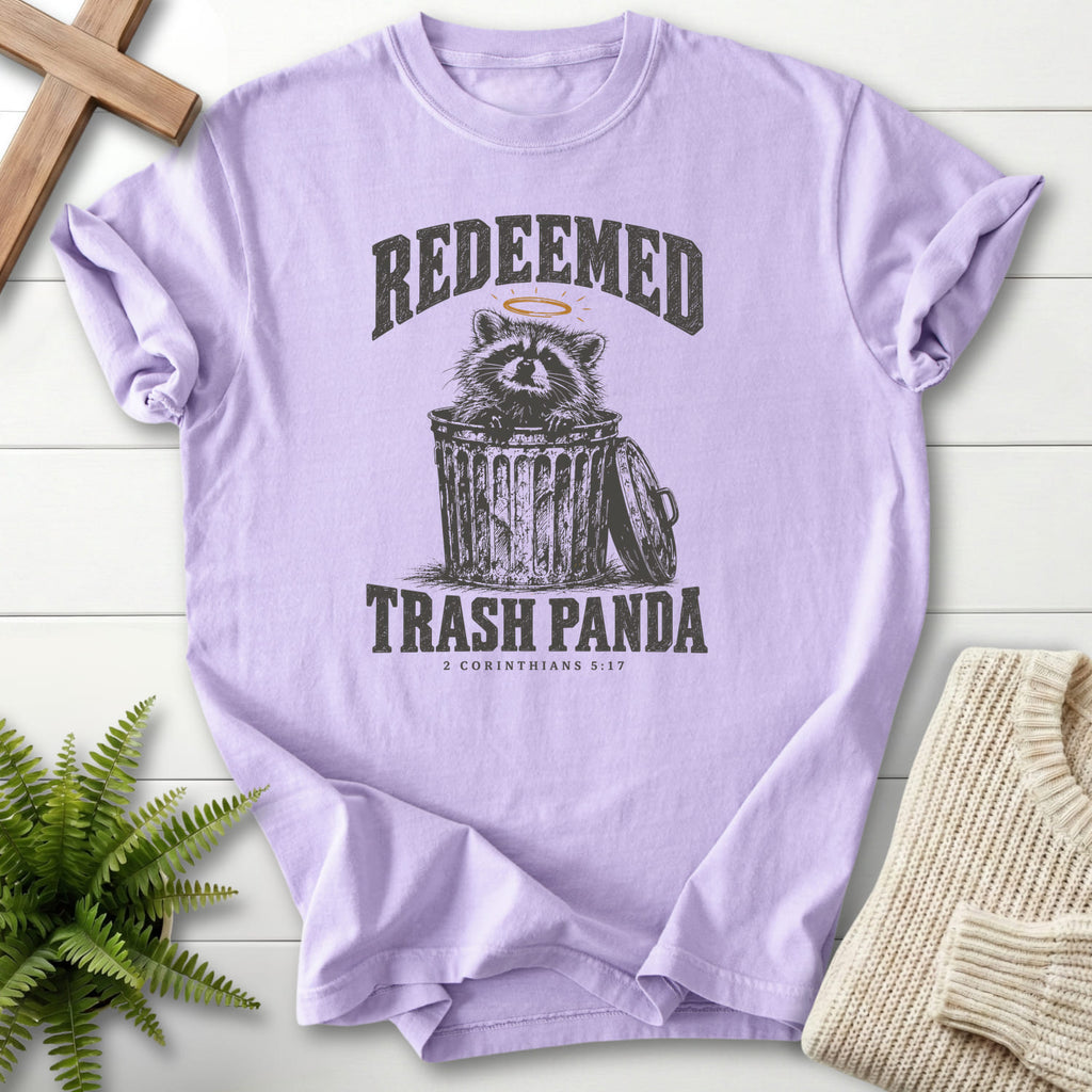 Orchid Redeemed Trash Panda T-shirt flat lay mockup, 2 Corinthians 5:17 Christian apparel for women
