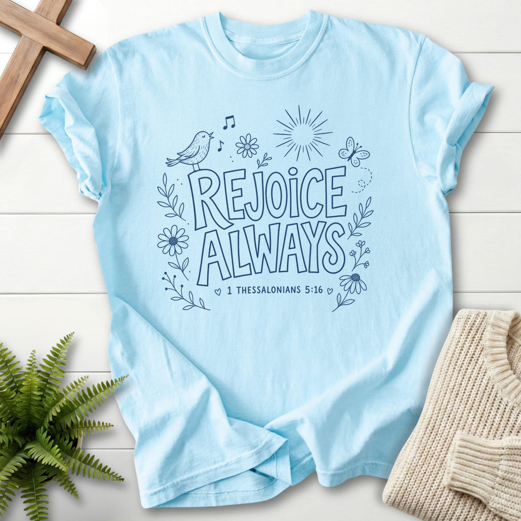 Chambray color option for the Rejoice Always Scripture shirt with butterfly artwork with "Rejoice Always T-Shirt" 1 Thessalonians 5:16.