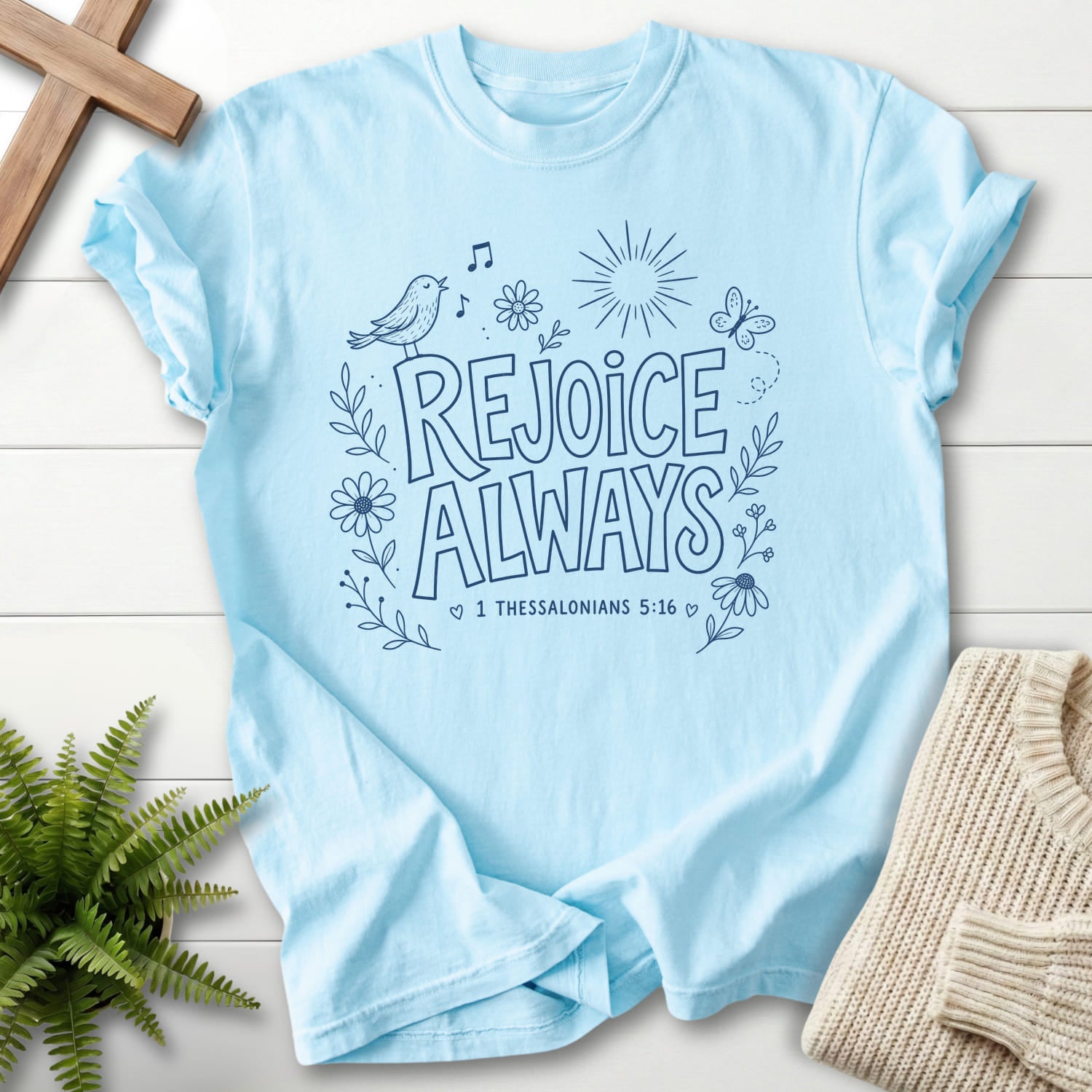 Chambray color option for the Rejoice Always Scripture shirt with butterfly artwork with "Rejoice Always T-Shirt" 1 Thessalonians 5:16.