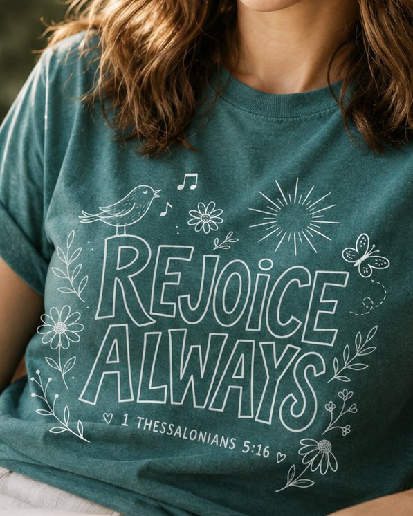 Rejoice Always Dark - Blue Spruce women's Christian tee, lifestyle photo in sunny porch - Hand-drawn doodle art with a singing bird and flowers - 1 Thessalonians 5:16 - She Wears Faith