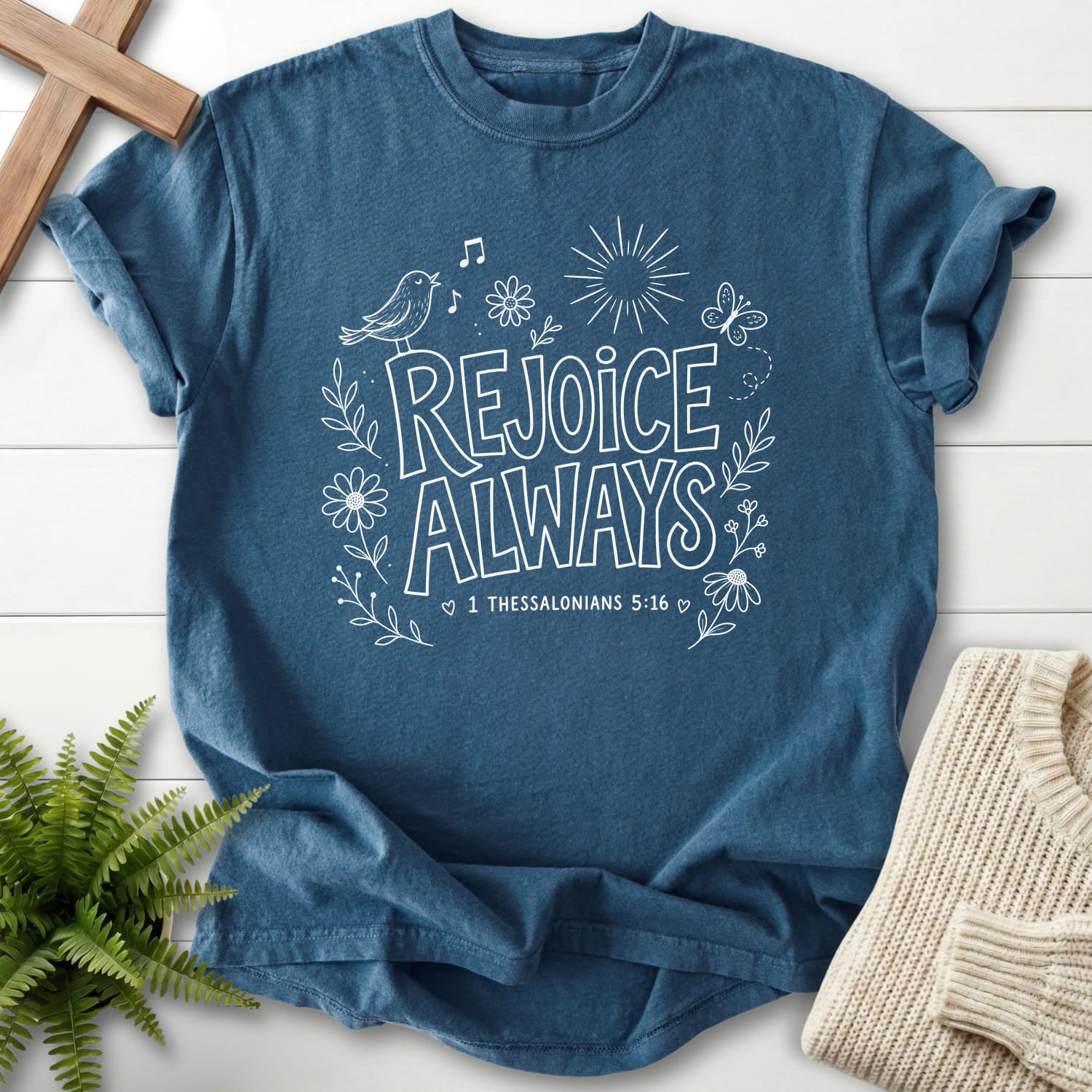 Midnight color option for the Rejoice Always tee with butterfly artwork with "Rejoice Always T-Shirt" 1 Thessalonians 5:16 for women's.