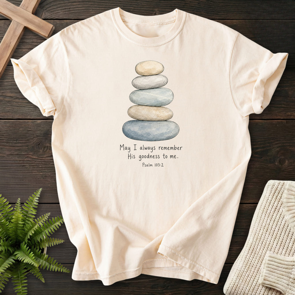 Ivory color option for the Remember His Goodness Christian shirt with "Remember His Goodness Dark T-Shirt" Psalm 103:2.