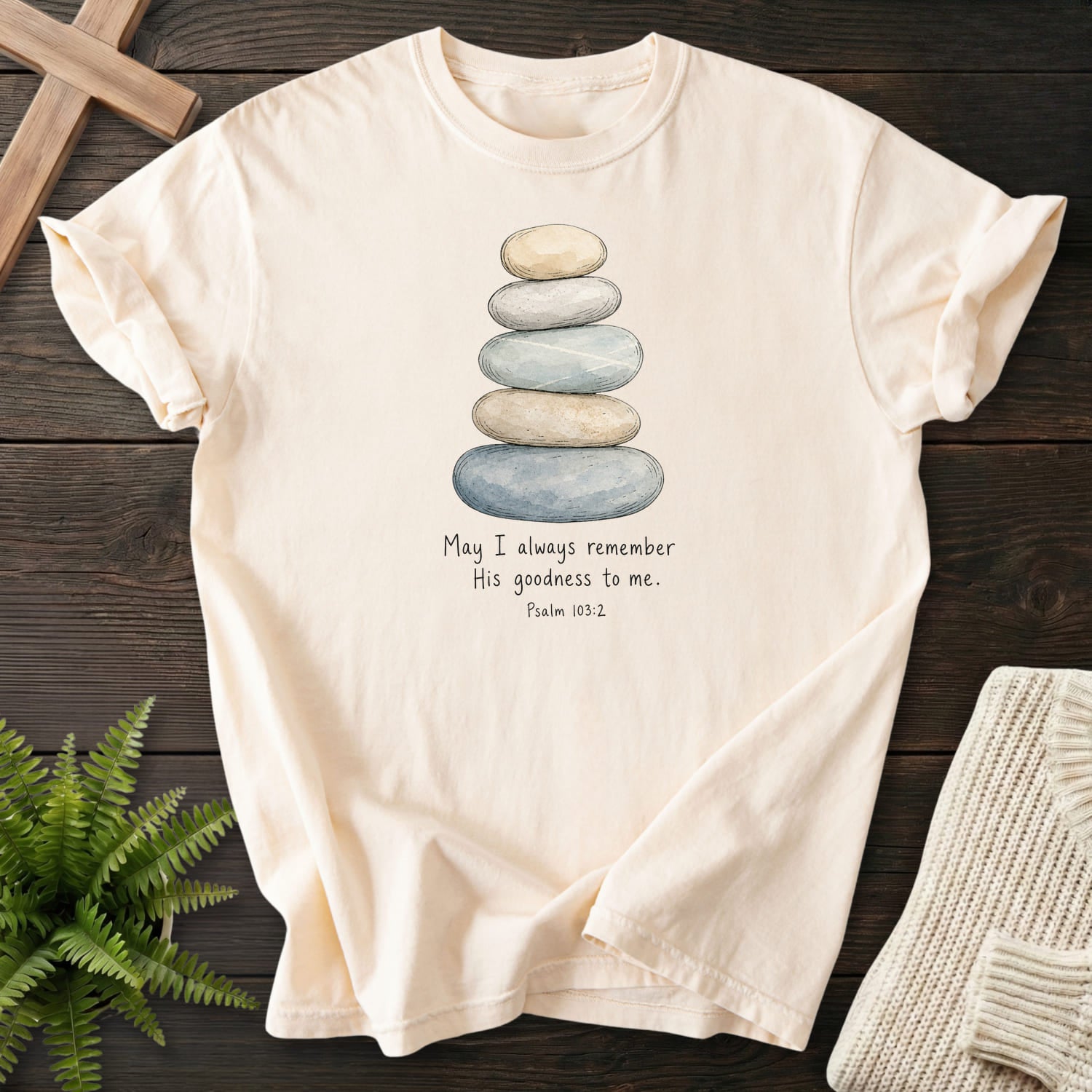Ivory color option for the Remember His Goodness Christian shirt with "Remember His Goodness Dark T-Shirt" Psalm 103:2.