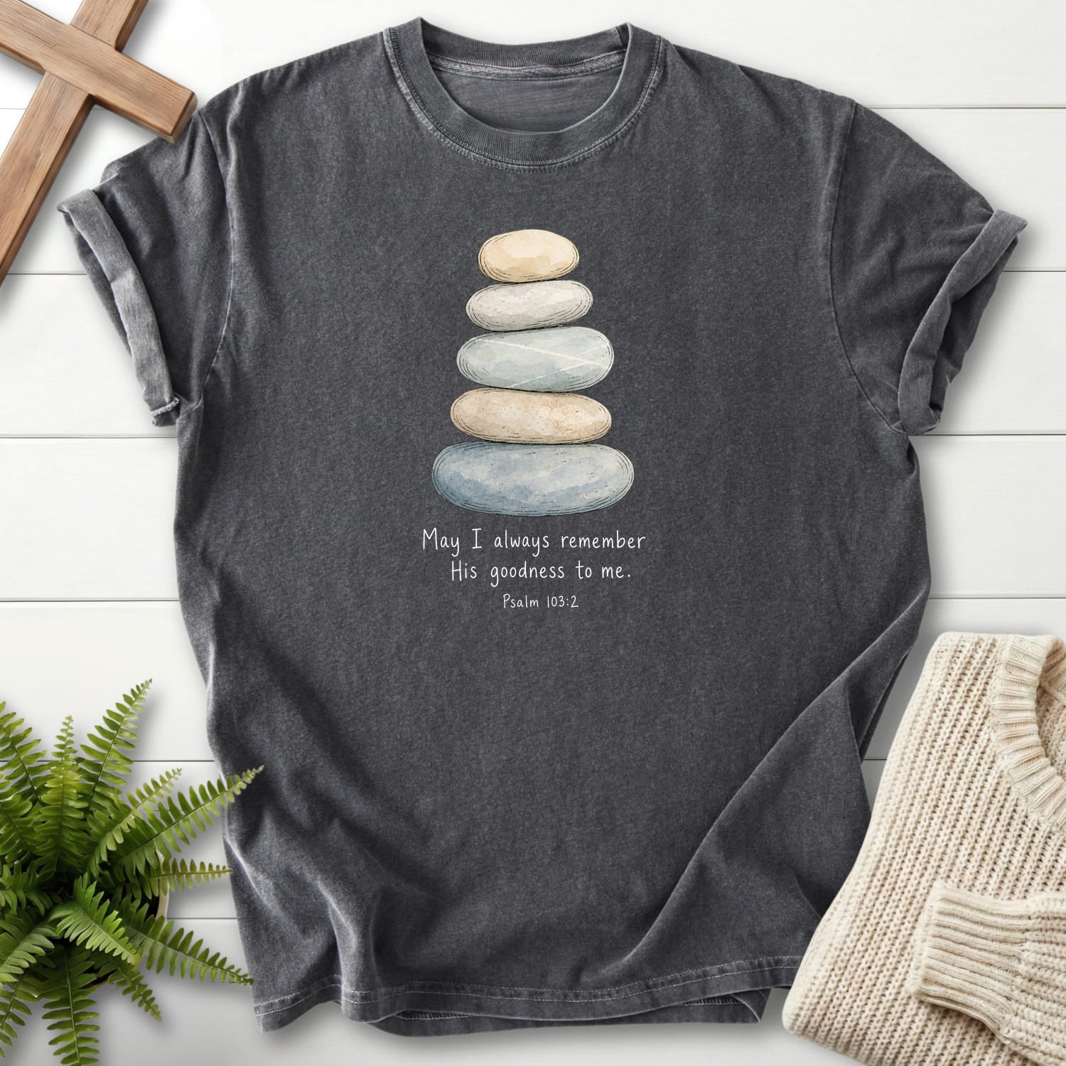 Pepper color option for the Remember His Goodness Scripture shirt with "Remember His Goodness Dark T-Shirt" Psalm 103:2.