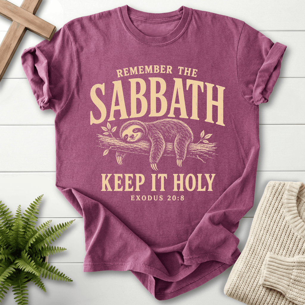 Remember the Sabbath Sloth T-Shirt in Berry | She Wears Faith
