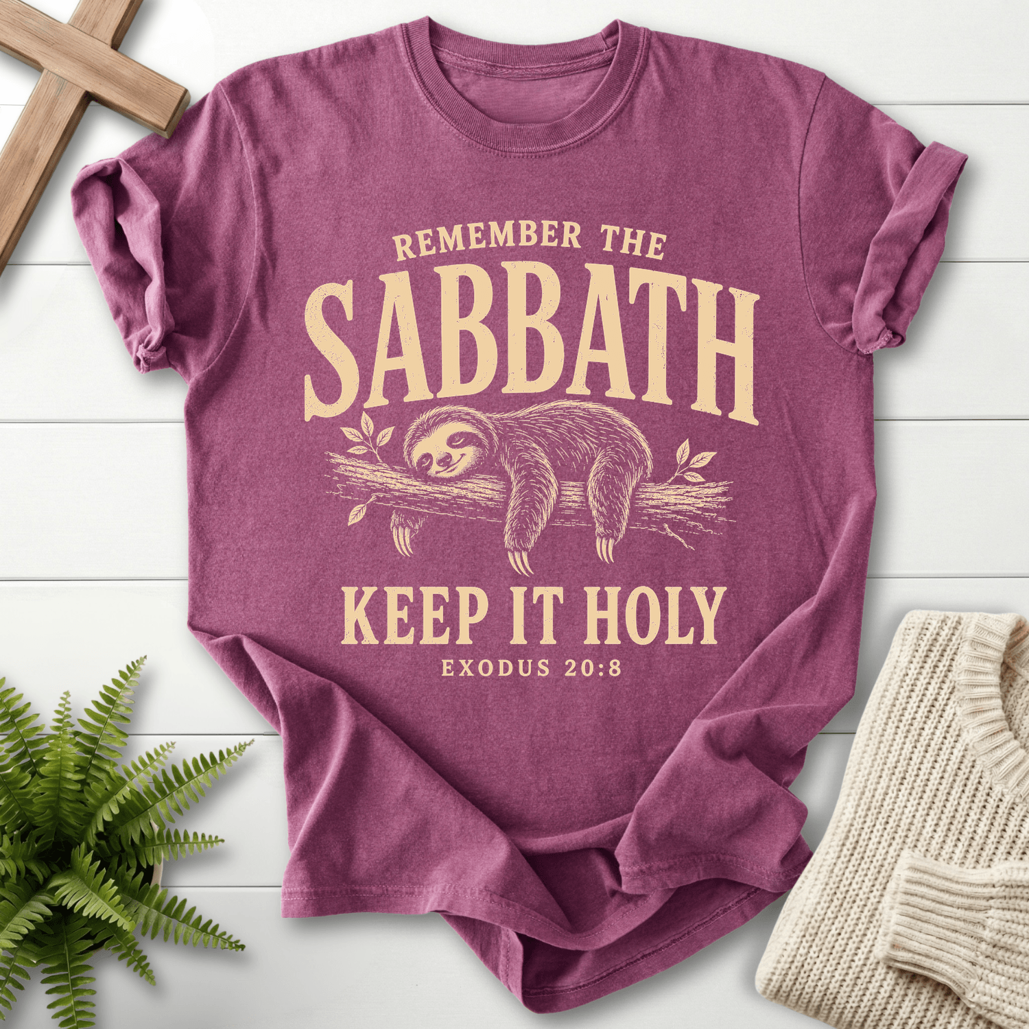 Remember the Sabbath Sloth T-Shirt in Berry | She Wears Faith