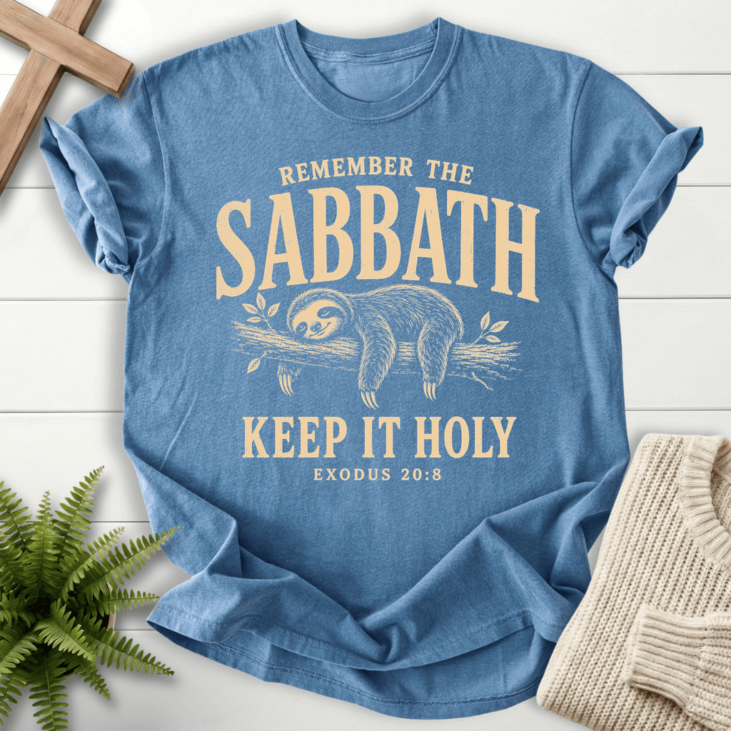 Remember the Sabbath Sloth T-Shirt in Blue Jean | She Wears Faith