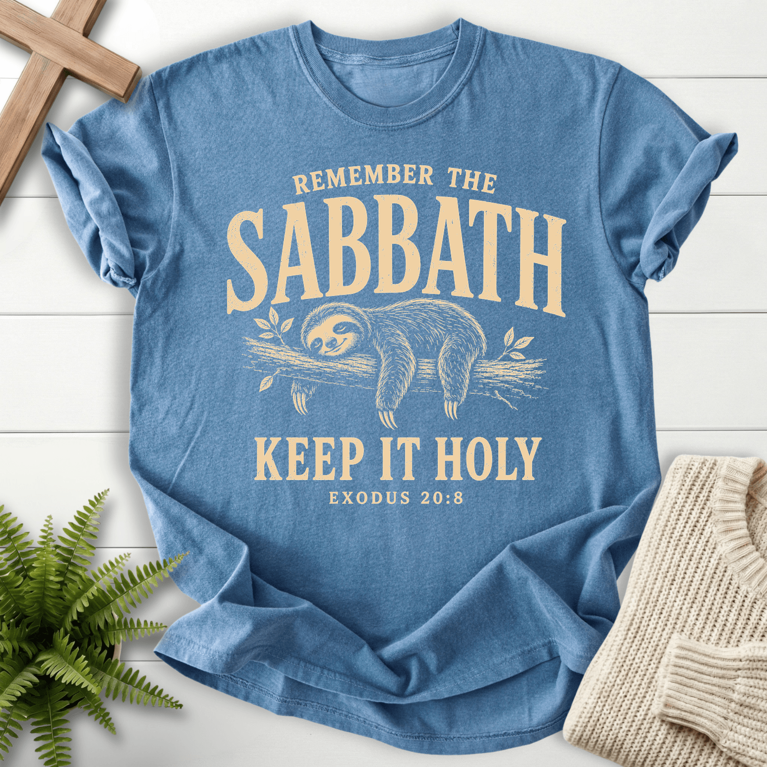 Remember the Sabbath Sloth T-Shirt in Blue Jean | She Wears Faith