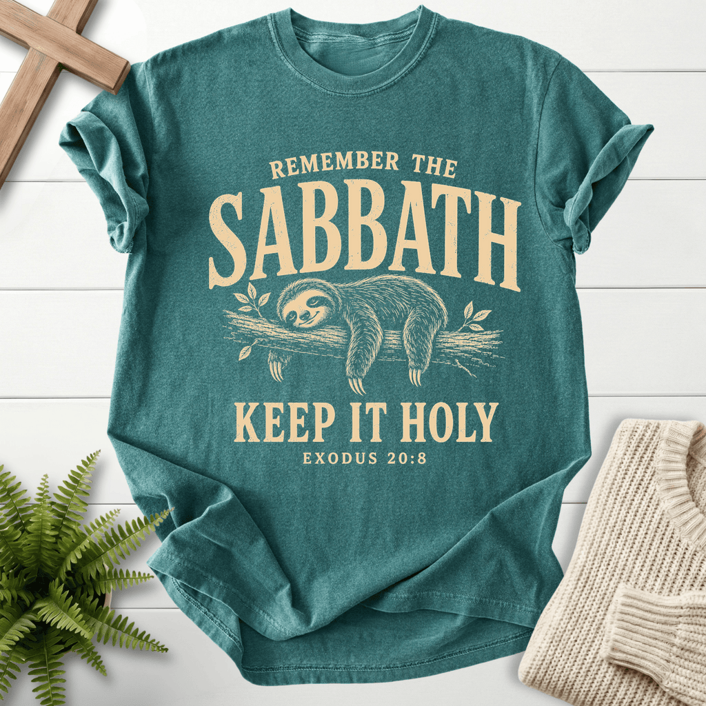 Remember the Sabbath Sloth T-Shirt in Blue Spruce | She Wears Faith
