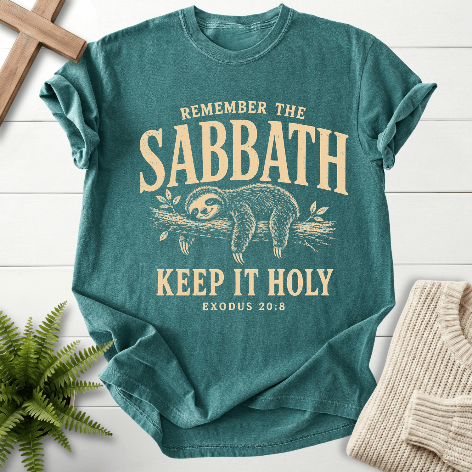 Remember the Sabbath Sloth T-Shirt in Blue Spruce | She Wears Faith