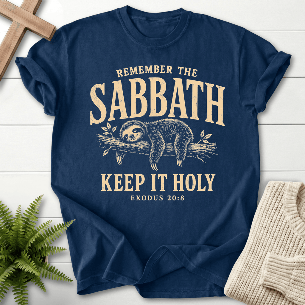 Remember the Sabbath Sloth T-Shirt in Navy | She Wears Faith