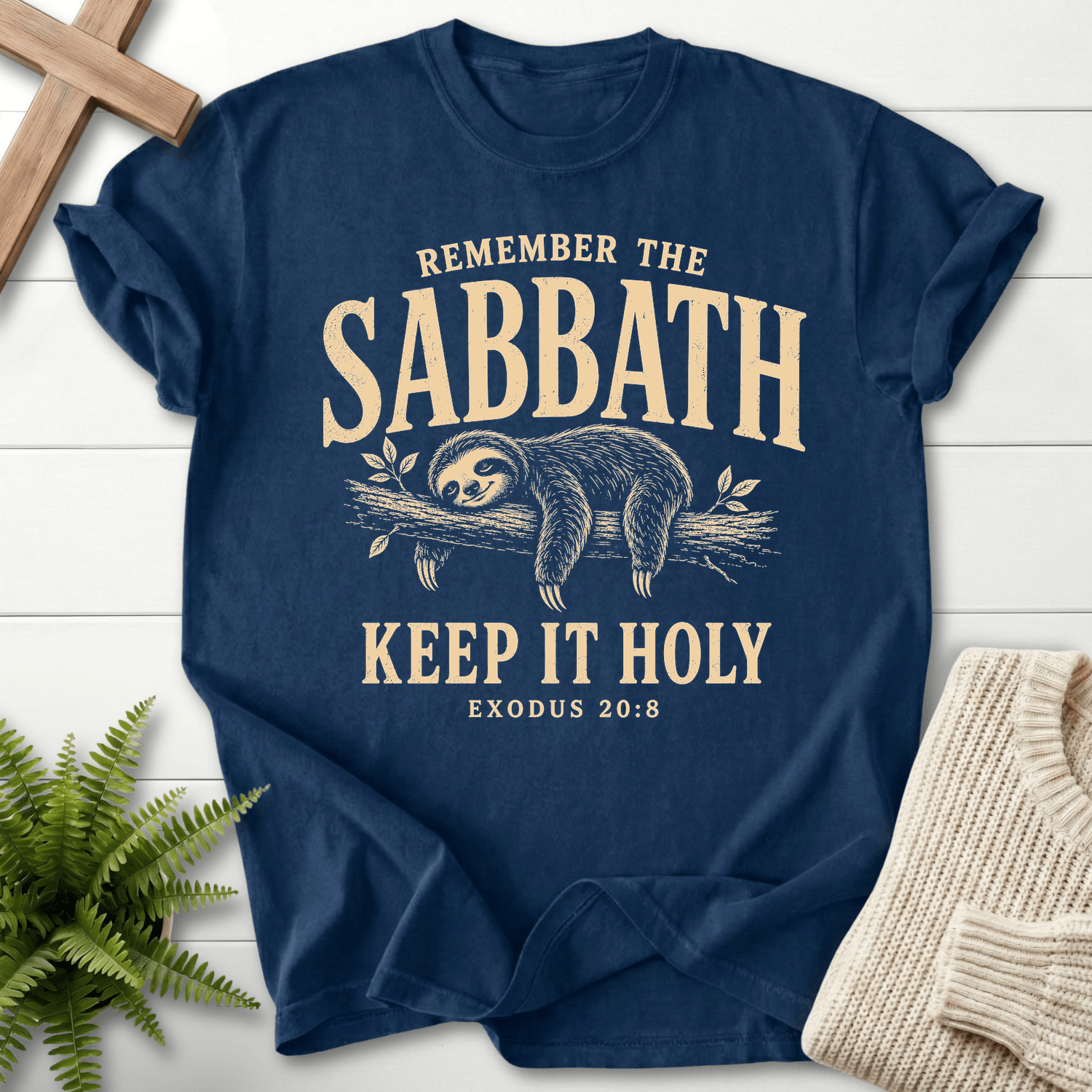 Remember the Sabbath Sloth T-Shirt in Navy | She Wears Faith