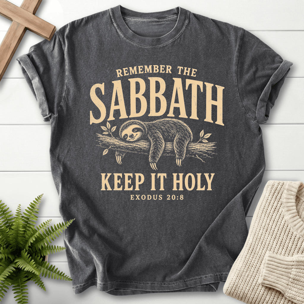 Remember the Sabbath Sloth T-Shirt in Pepper | She Wears Faith
