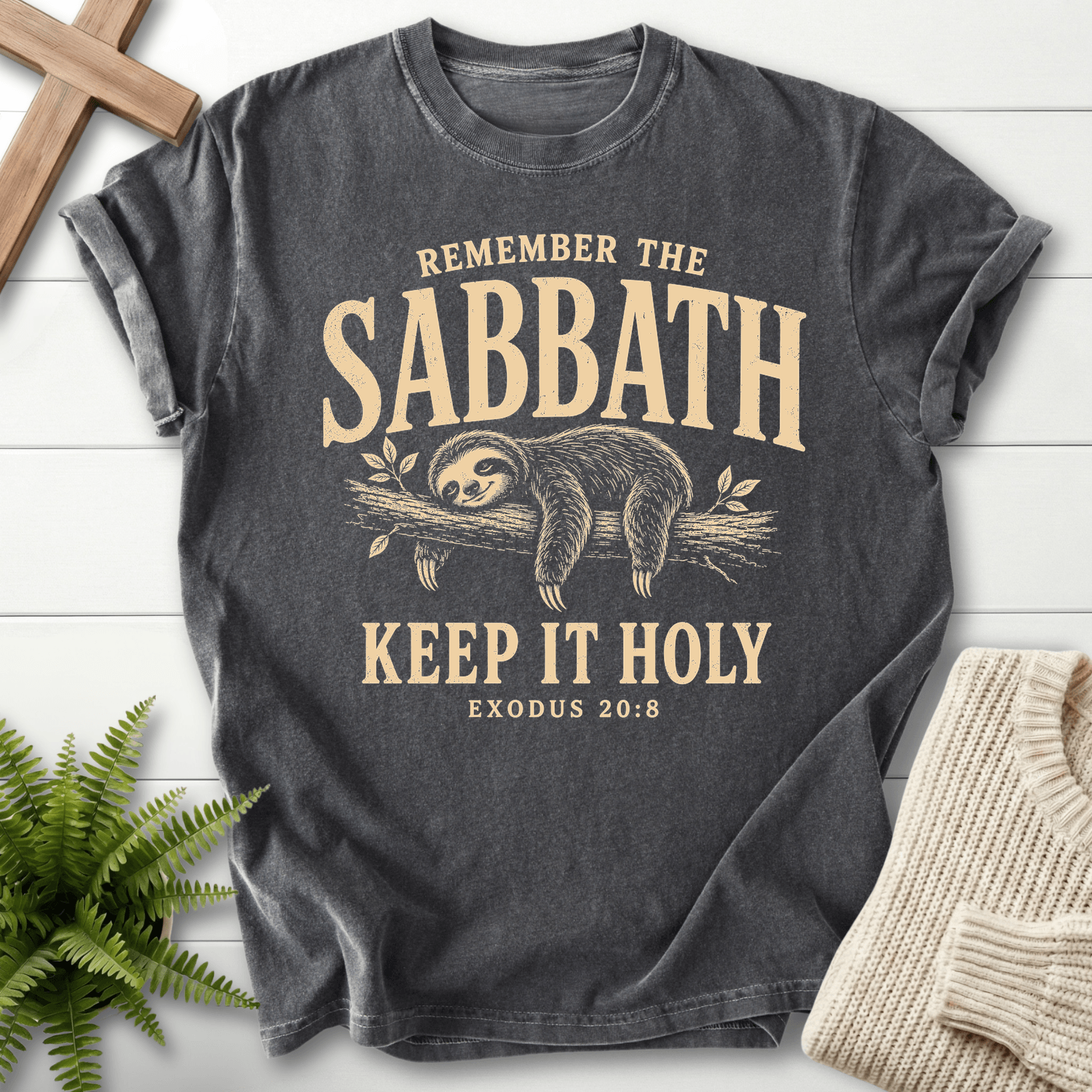 Remember the Sabbath Sloth T-Shirt in Pepper | She Wears Faith