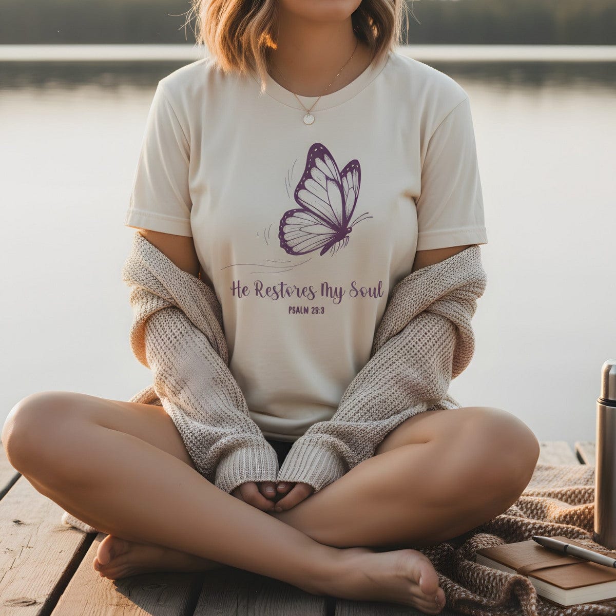 Woman sitting peacefully on a lakeside dock wearing a Comfort Colors 1717 ivory “He Restores My Soul – Psalm 23:3” t-shirt with purple butterfly artwork. A serene women’s scripture tee — inspiring faith-based apparel for women and modern Christian shirt, thoughtful Christian mom gift idea.