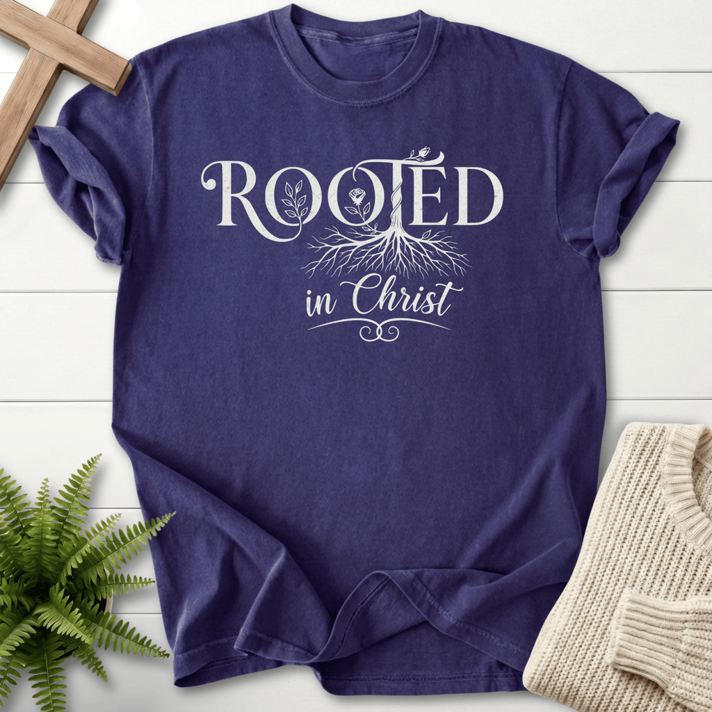 Grape women's Christian t-shirt with Rooted in Christ botanical tree and roots design.