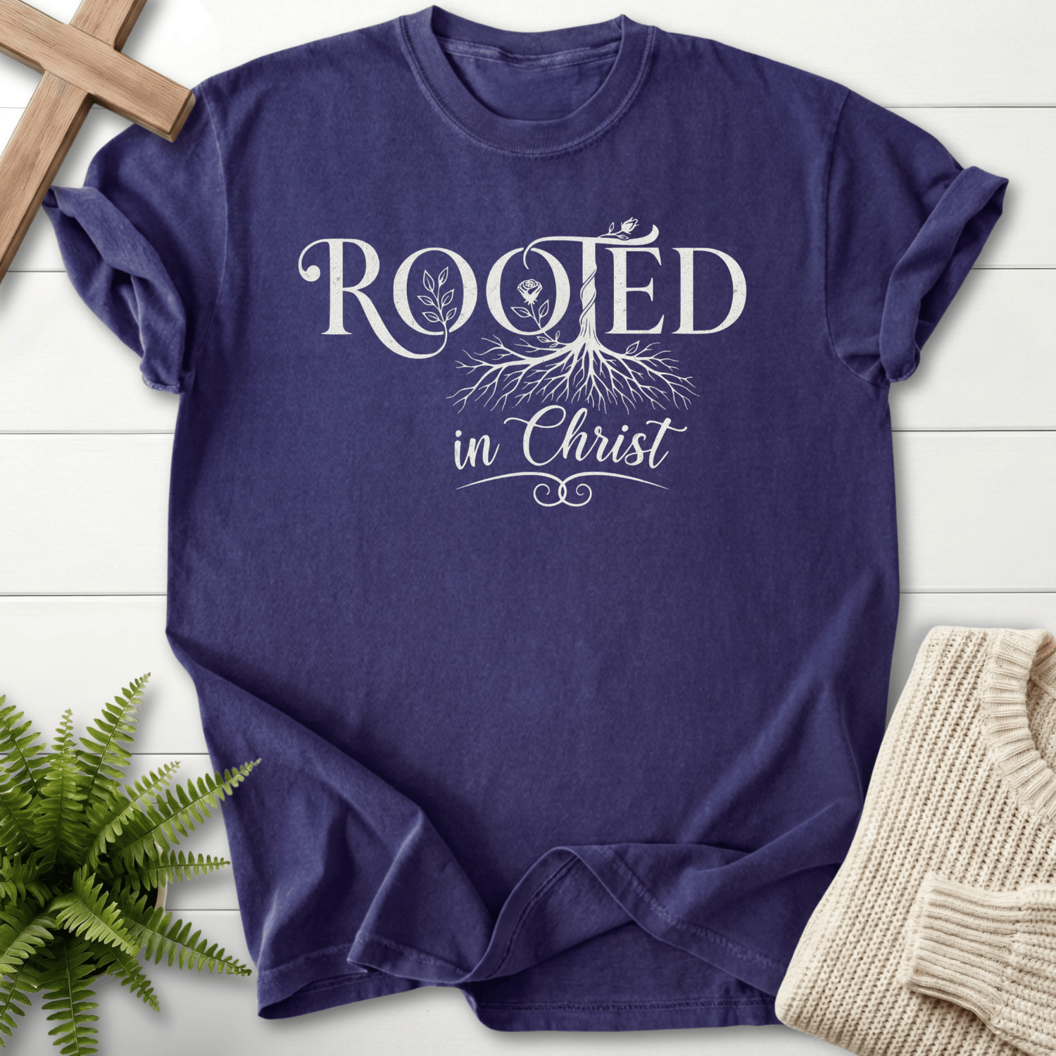 Grape women's Christian t-shirt with Rooted in Christ botanical tree and roots design.