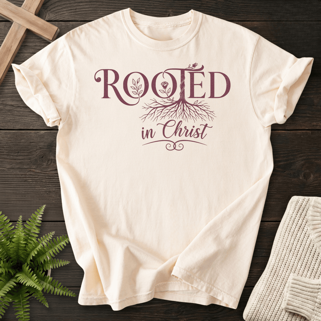 Ivory women's Christian t-shirt with "Rooted in Christ" botanical tree and roots design.