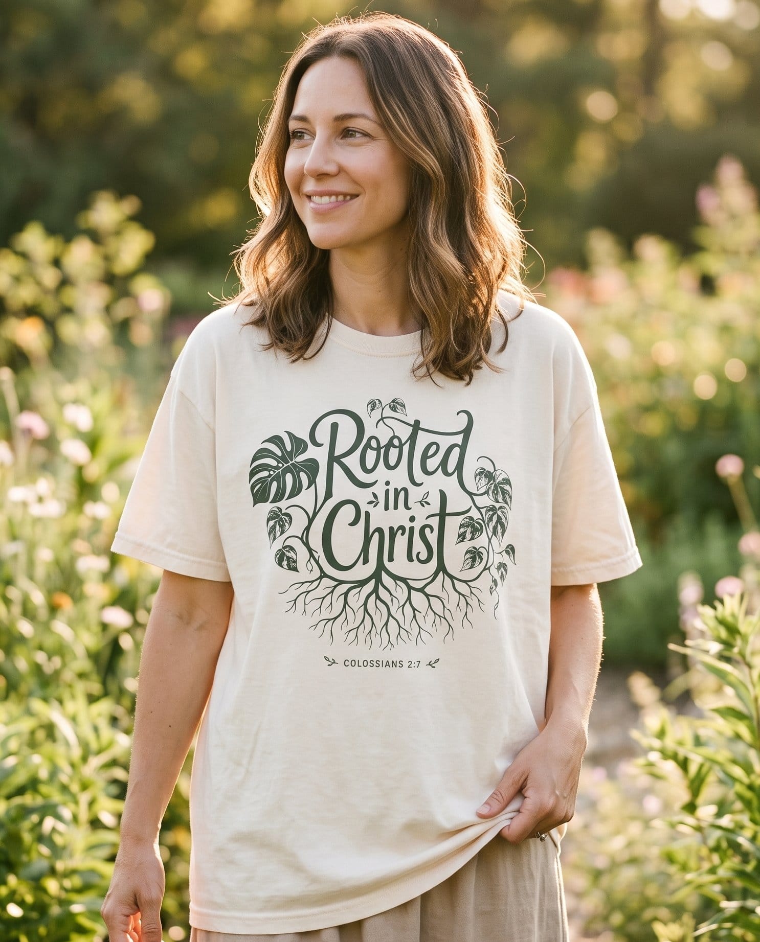 Rooted in Christ Col 2:7 – Ivory women's Christian tee, lifestyle photo in outdoor garden – Sage-green script lettering 'Rooted in Christ' framed by trailing phil – Colossians 2:7 – She Wears Faith