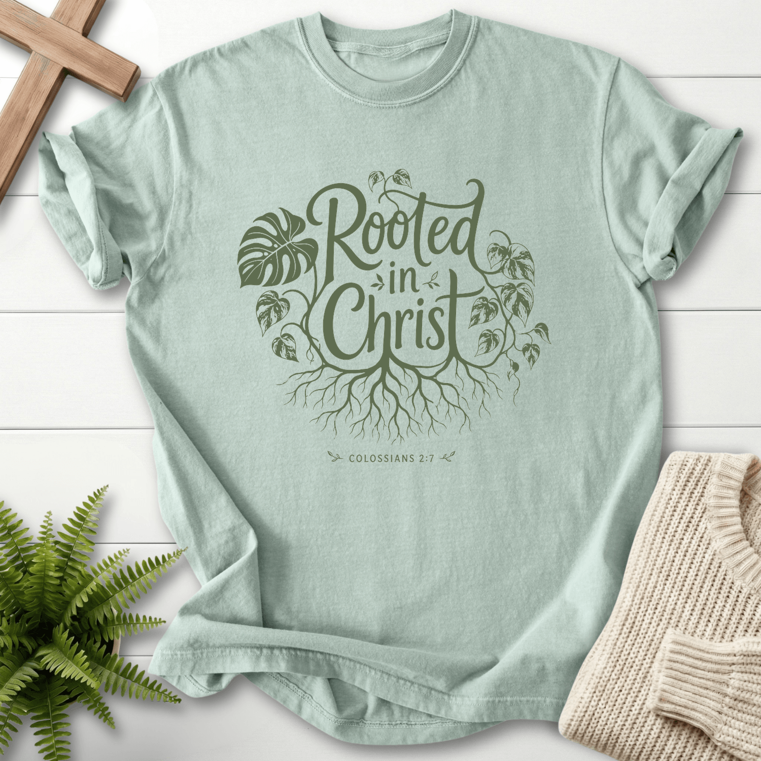 Rooted in Christ Col 2 7 T-Shirt in Bay | She Wears Faith