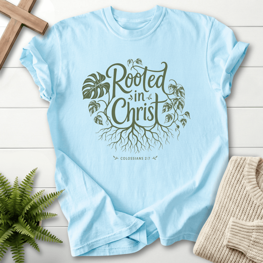 Rooted in Christ Col 2 7 T-Shirt in Chambray | She Wears Faith