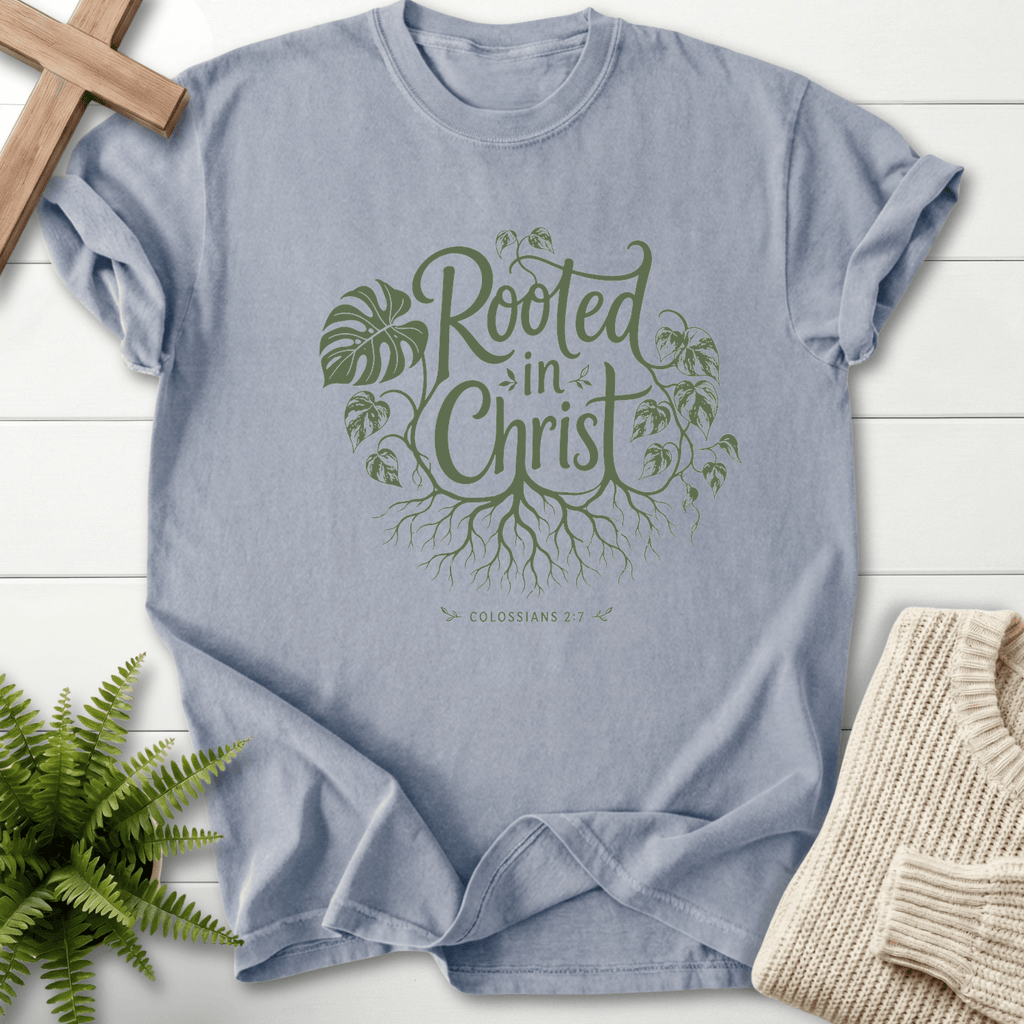 Rooted in Christ Col 2 7 T-Shirt in Granite | She Wears Faith