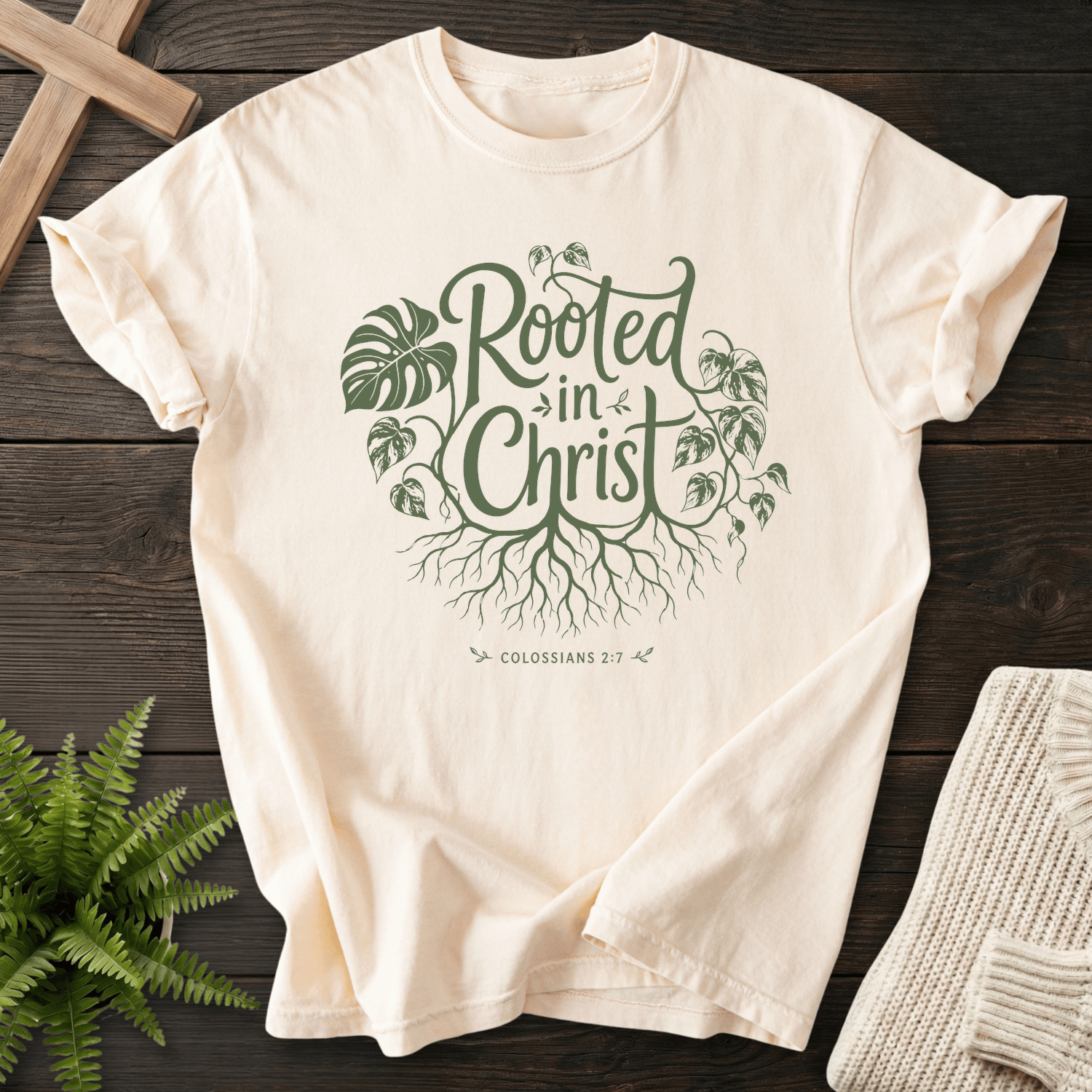 Rooted in Christ Col 2 7 T-Shirt in Ivory | She Wears Faith