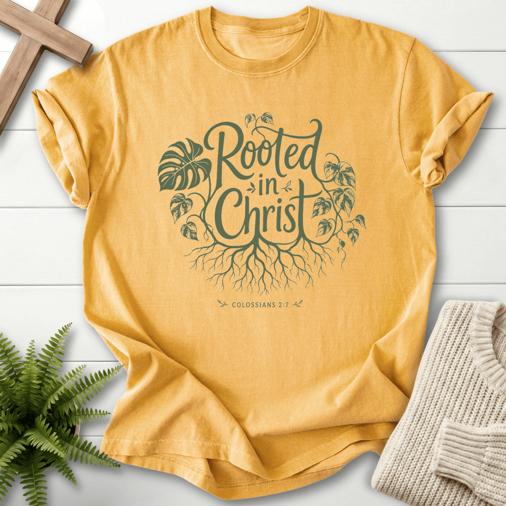 Rooted in Christ Col 2 7 T-Shirt in Mustard | She Wears Faith