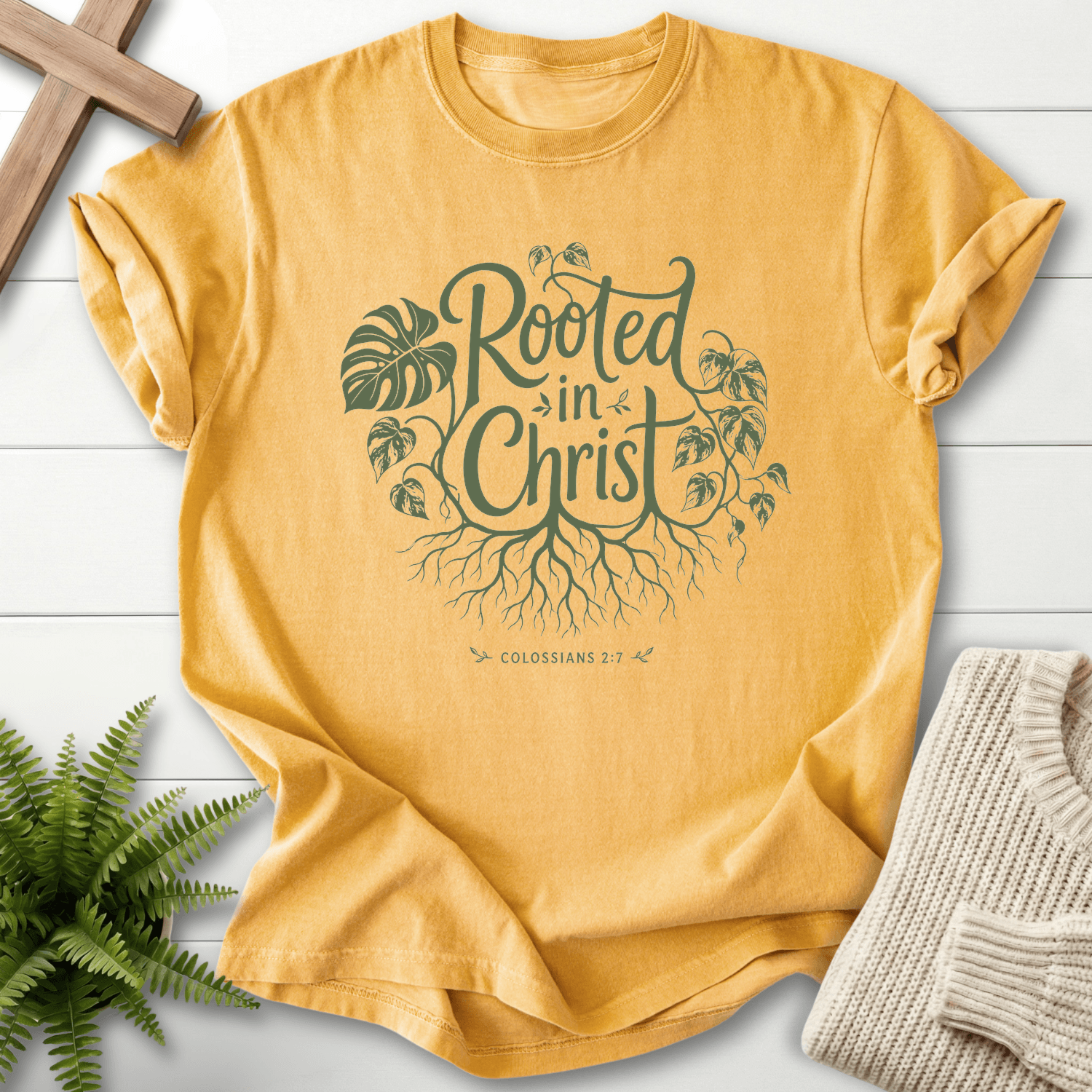 Rooted in Christ Col 2 7 T-Shirt in Mustard | She Wears Faith