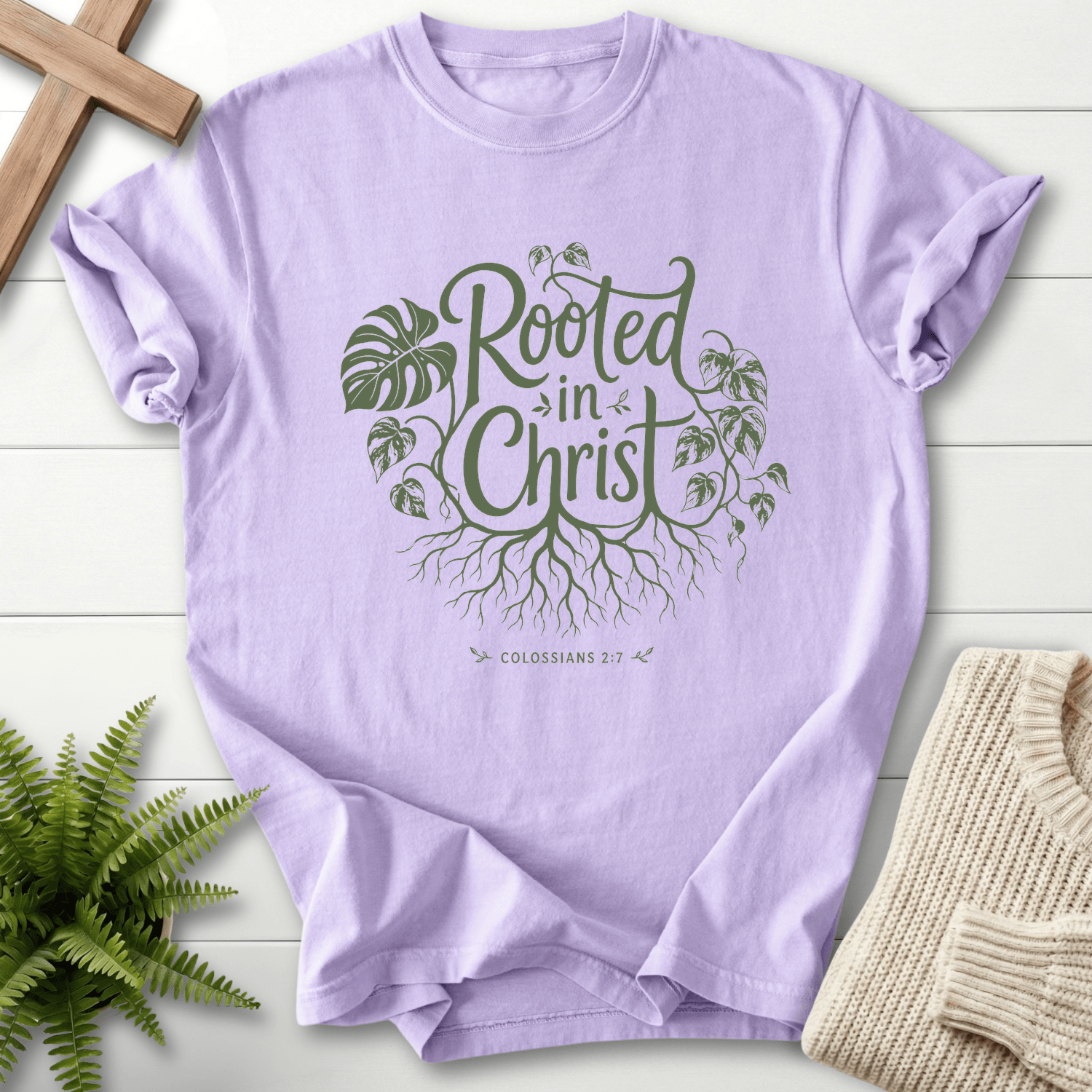 Rooted in Christ Col 2 7 T-Shirt in Orchid | She Wears Faith