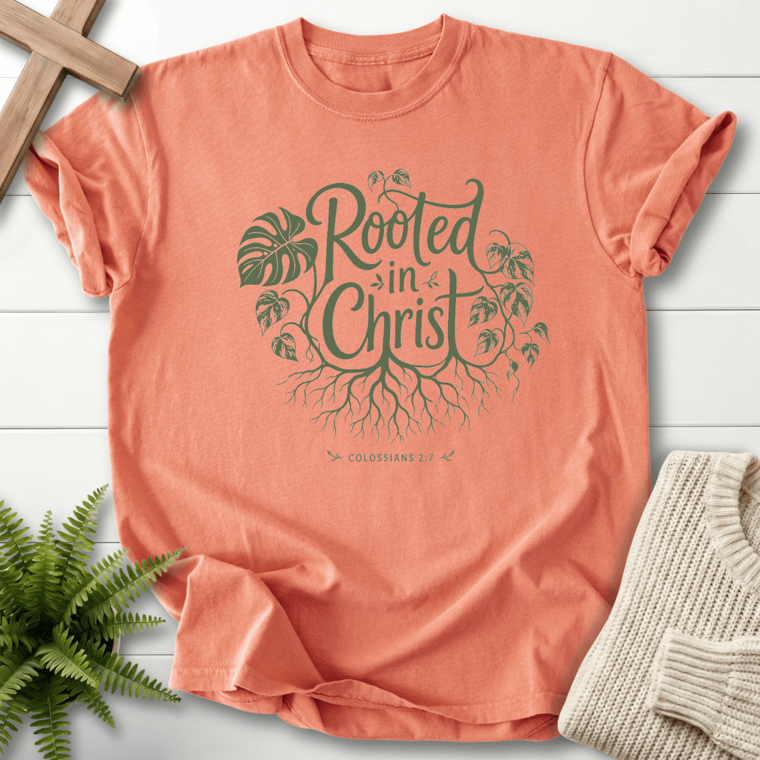 Rooted in Christ Col 2 7 T-Shirt in Terracotta | She Wears Faith