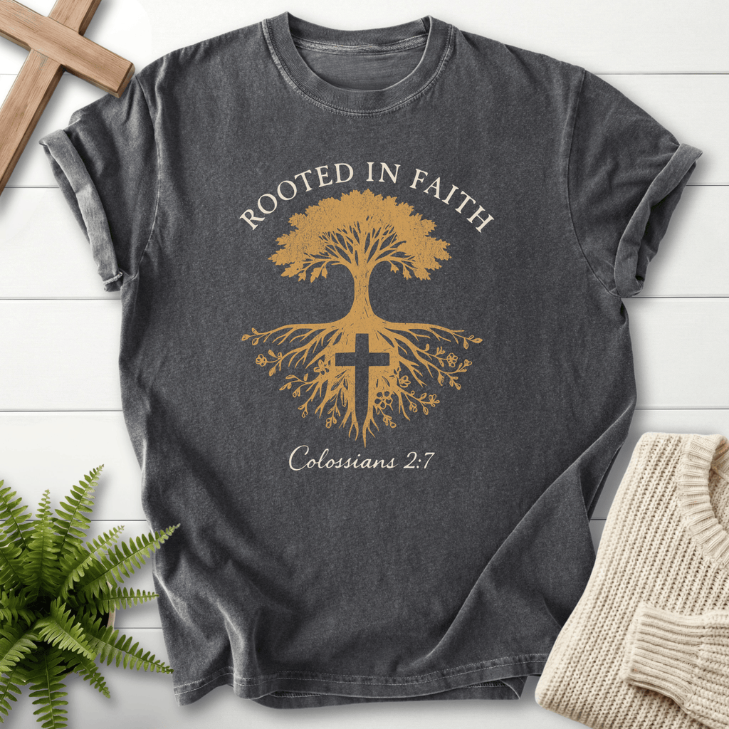 Pepper women's Scripture shirt with Rooted in Faith tree of life illustration, inspired by Colossians 2:7.