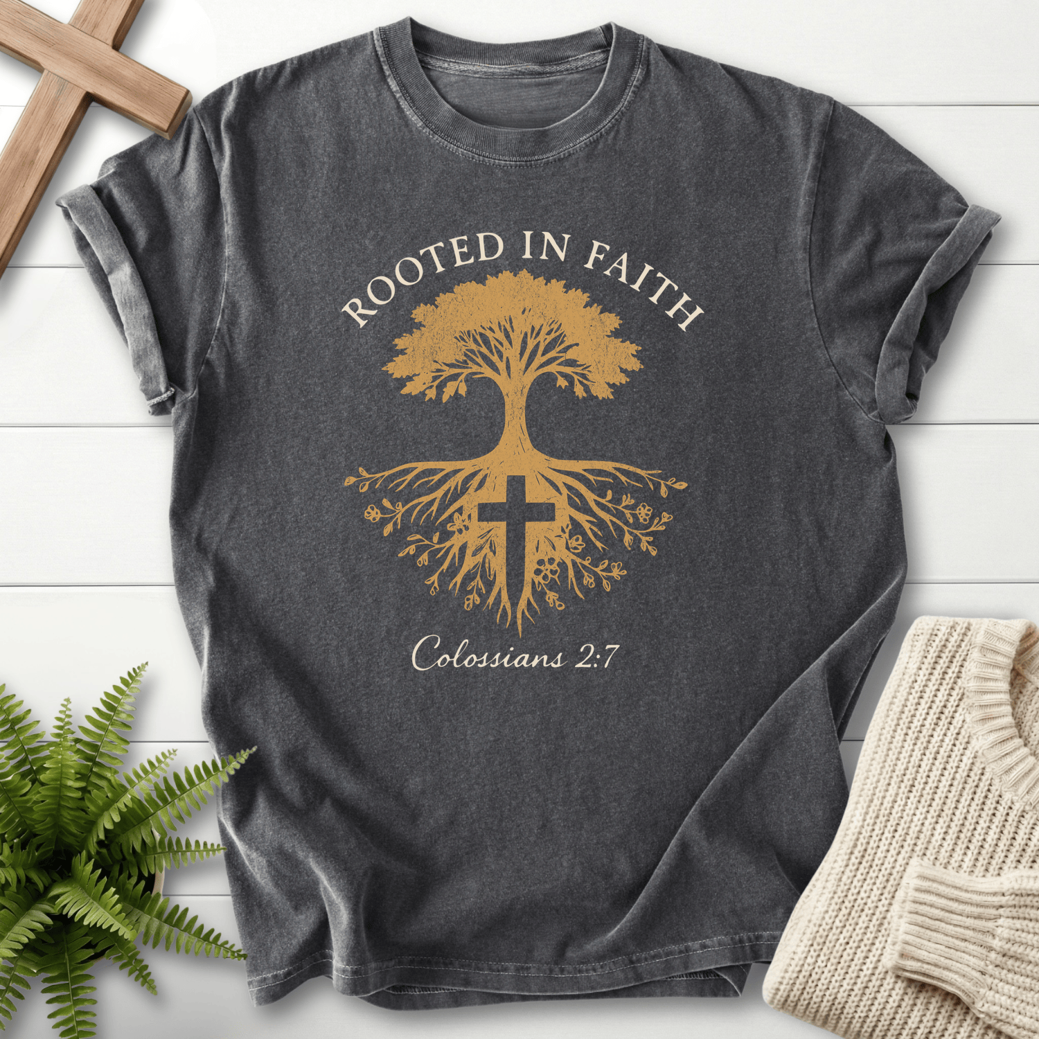 Pepper women's Scripture shirt with Rooted in Faith tree of life illustration, inspired by Colossians 2:7.