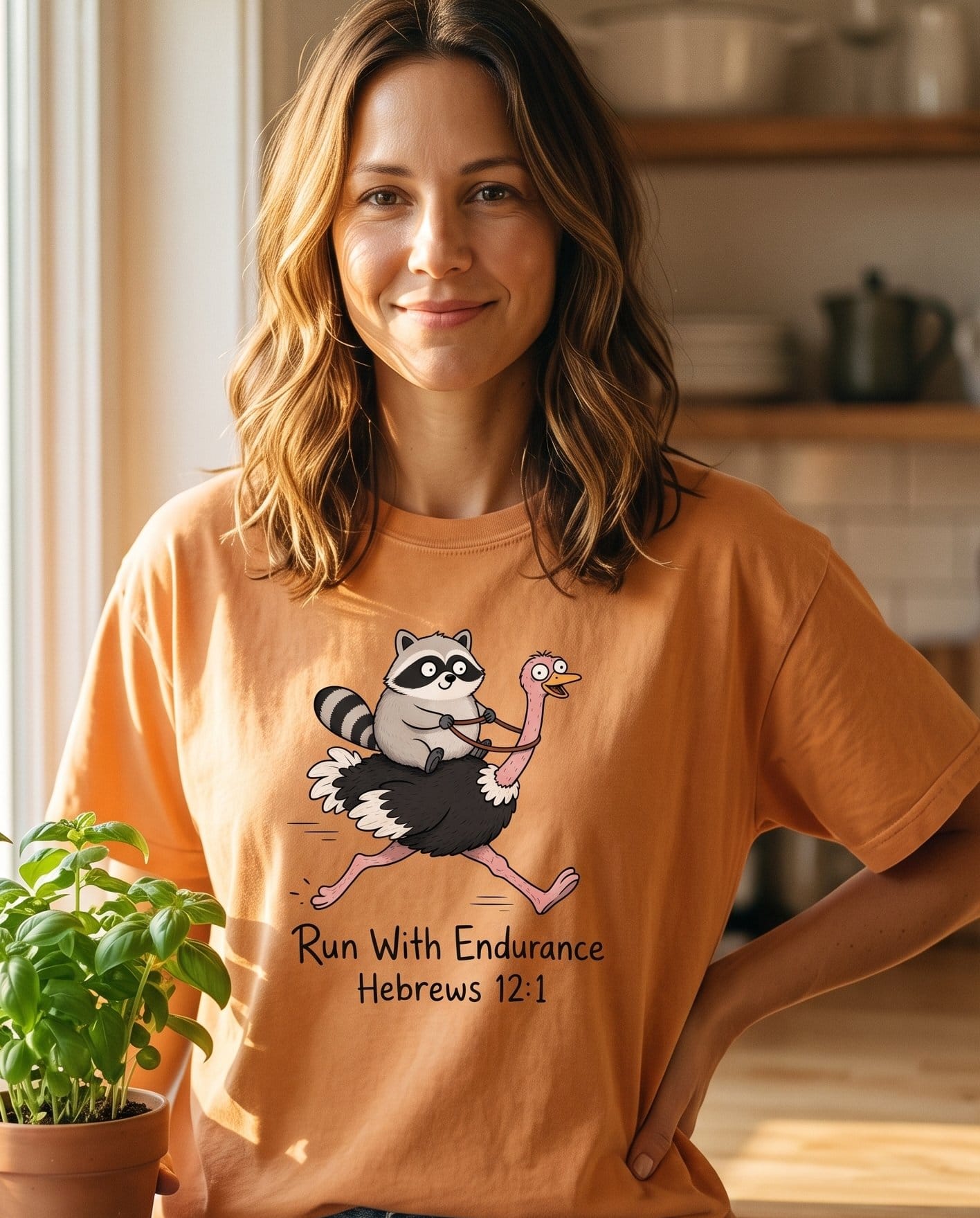 Run With Endurance Hebrew 12:1 – Citrus women's Christian tee, lifestyle photo in morning kitchen setting – Cartoon raccoon riding a galloping ostrich – Hebrews 12:1 – She Wears Faith