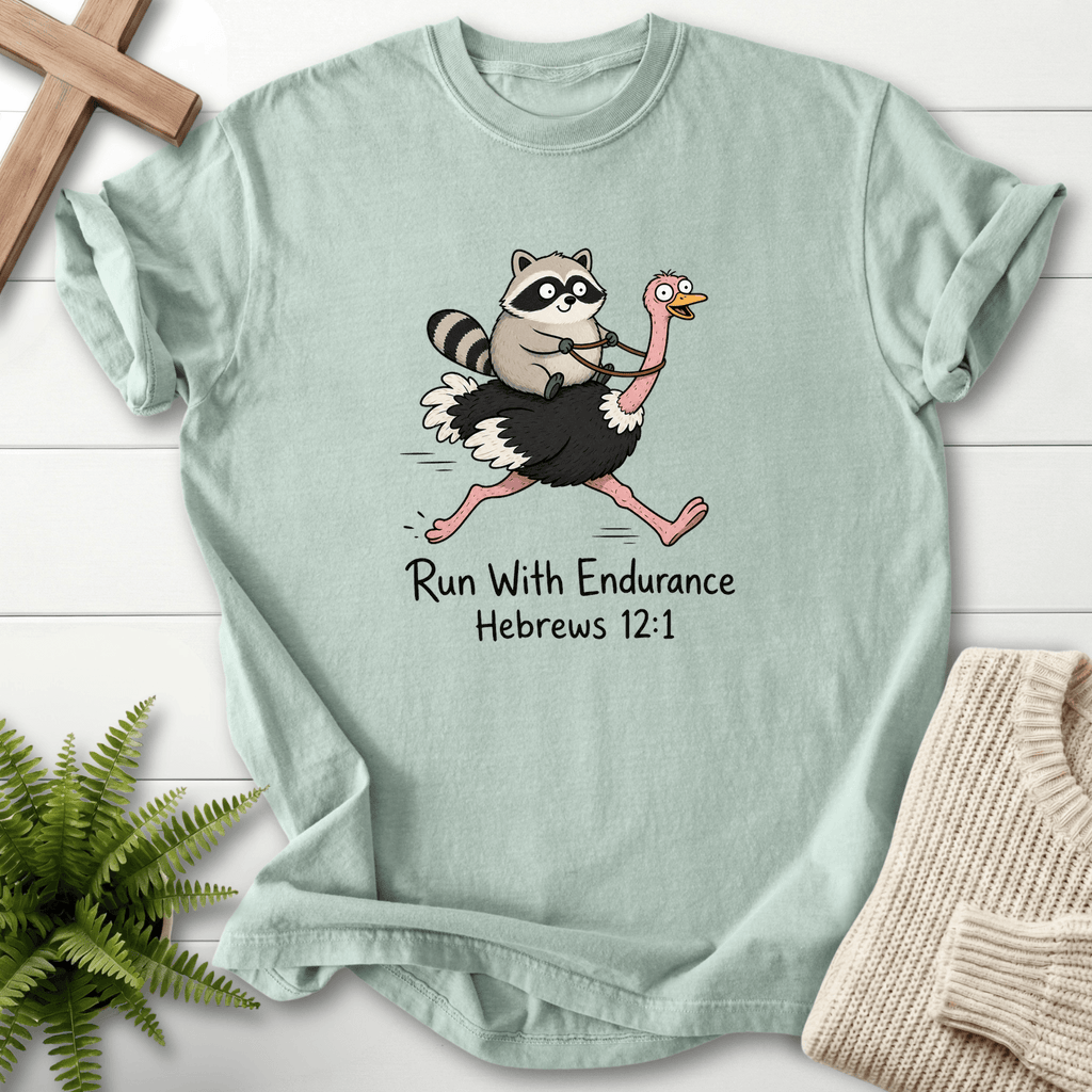 Run With Endurance Hebrew 12 1 T-Shirt in Bay | She Wears Faith