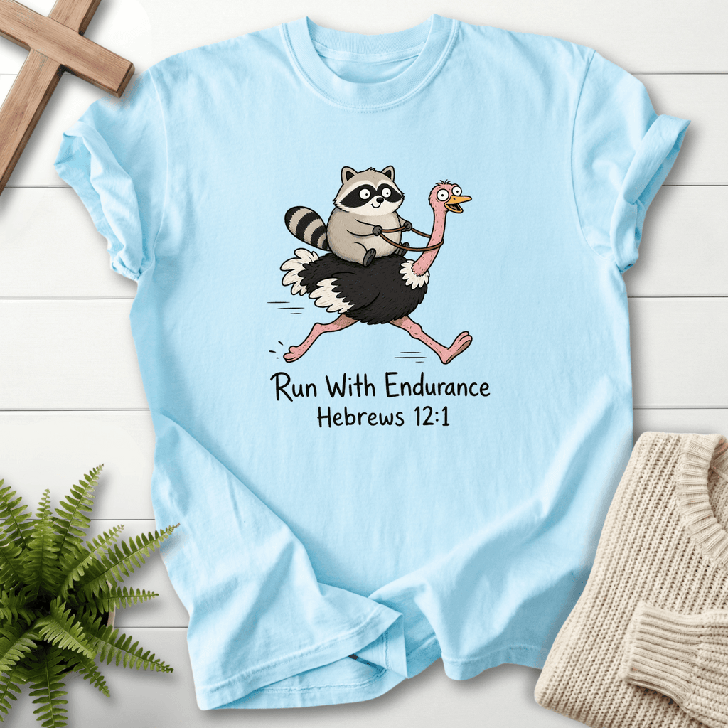 Run With Endurance Hebrew 12 1 T-Shirt in Chambray | She Wears Faith