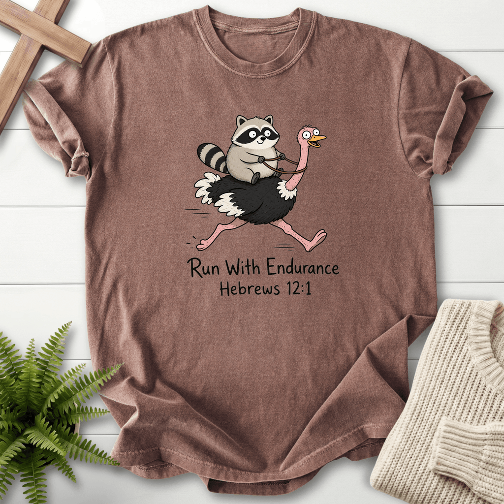 Run With Endurance Hebrew 12 1 T-Shirt in Espresso | She Wears Faith