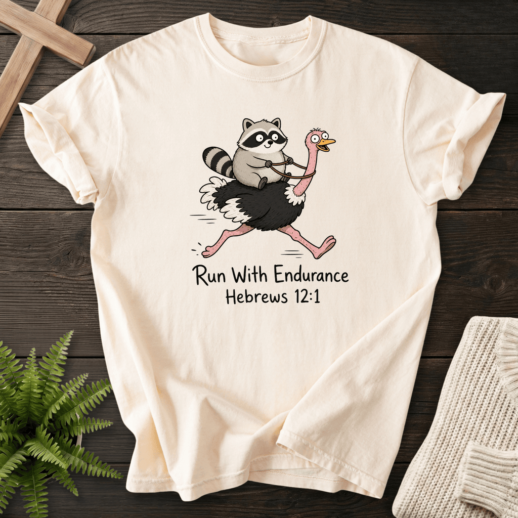 Run With Endurance Hebrew 12 1 T-Shirt in Ivory | She Wears Faith