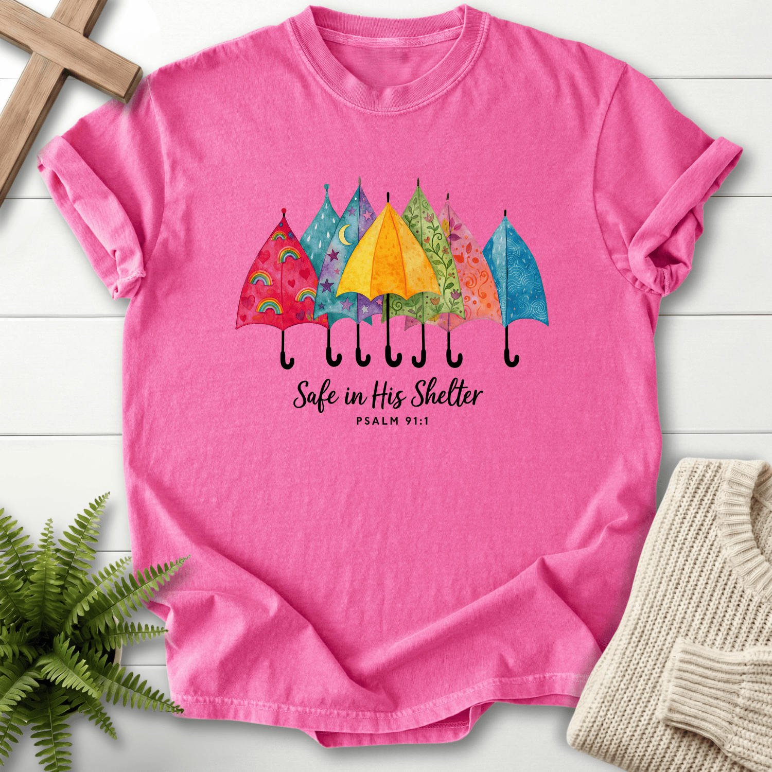 Crunchberry women's faith t-shirt with whimsical patterned umbrellas, inspired by Psalm 91:1.