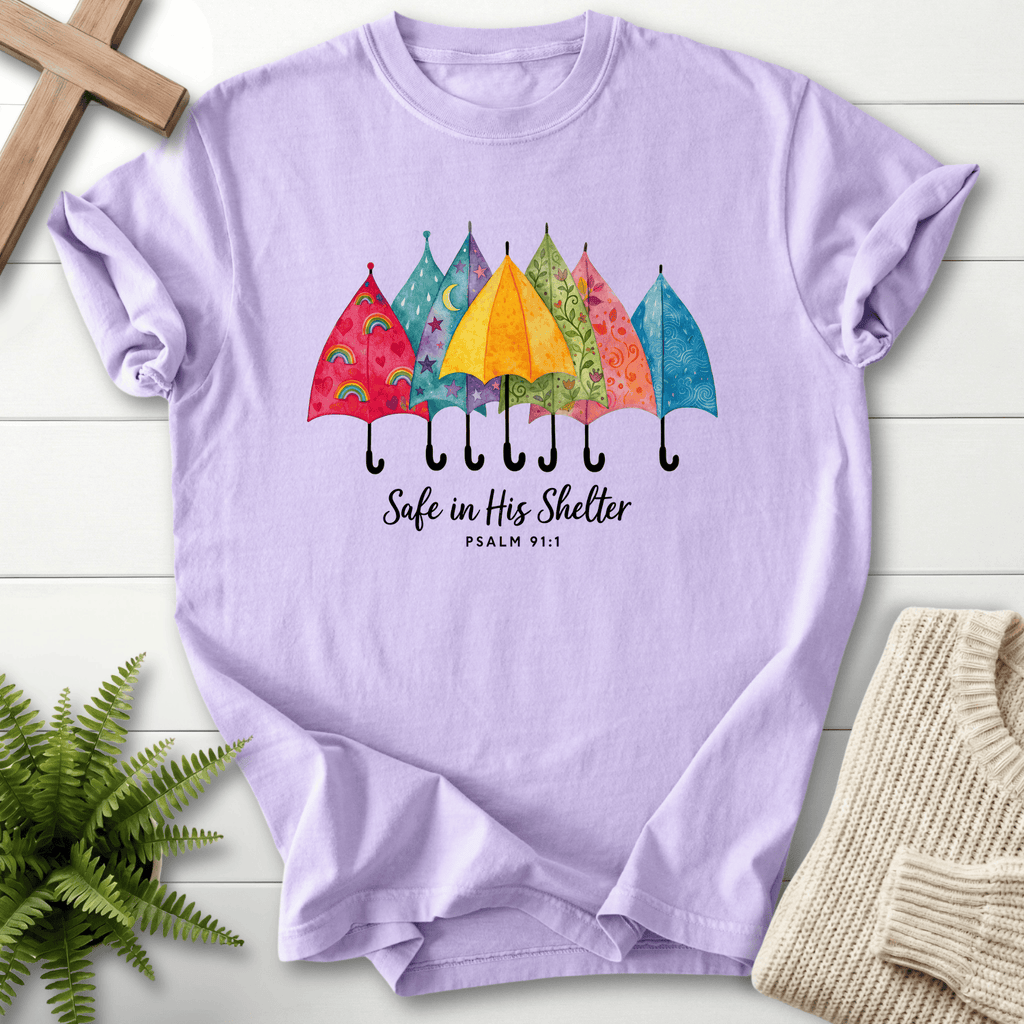 Orchid women's Bible verse tee with colorful patterned umbrellas, inspired by Psalm 91:1.
