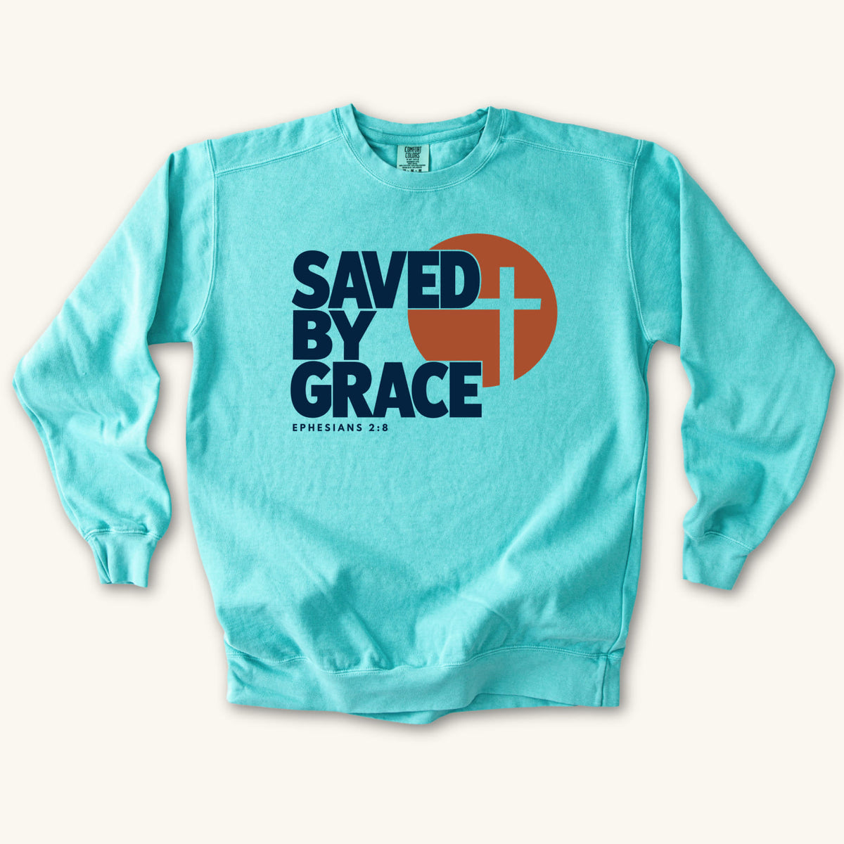 Chalky Mint Saved by Grace Bold Cross sweatshirt flat lay mockup, Ephesians 2:8 Christian apparel for women