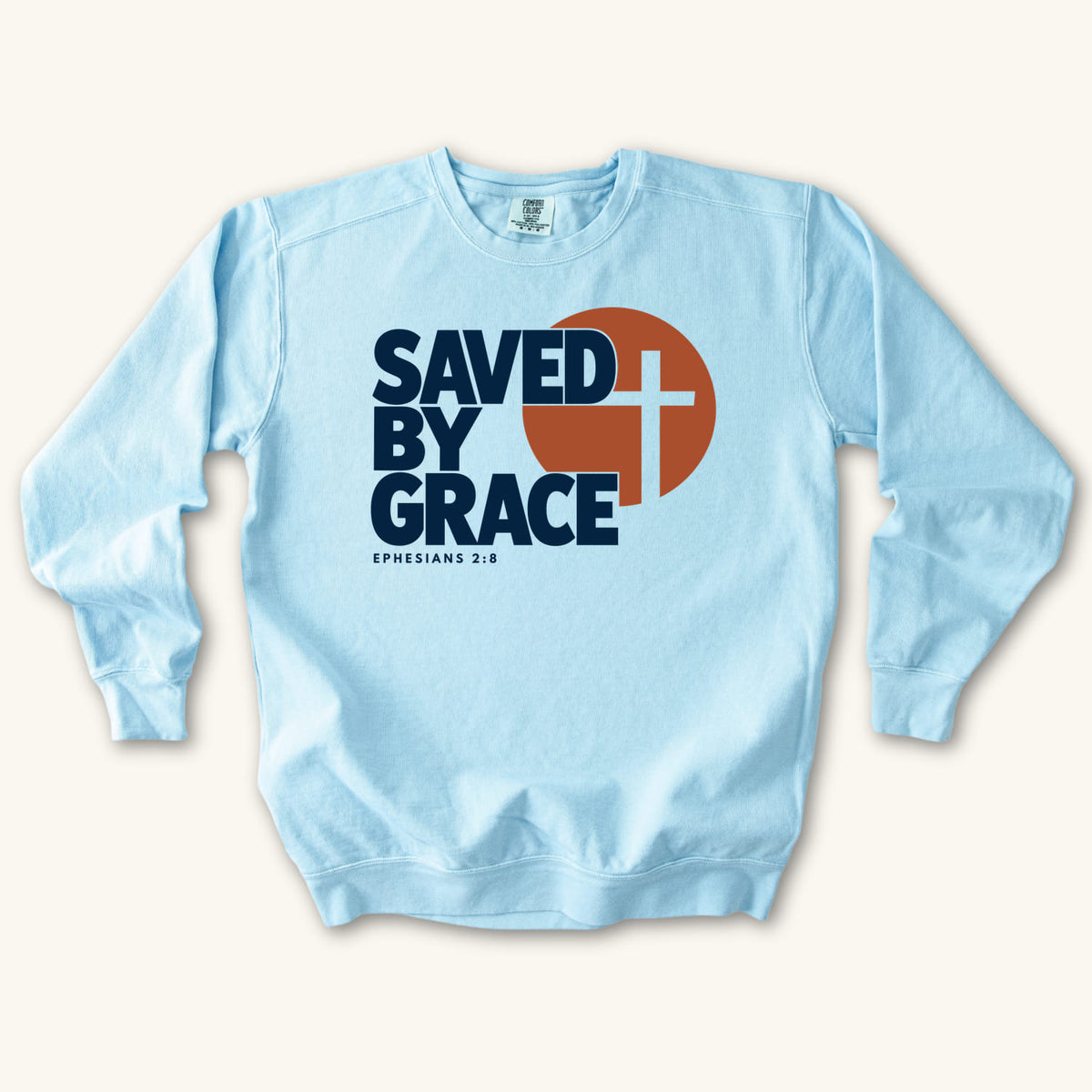 Chambray Saved by Grace Bold Cross sweatshirt flat lay mockup, Ephesians 2:8 Christian apparel for women