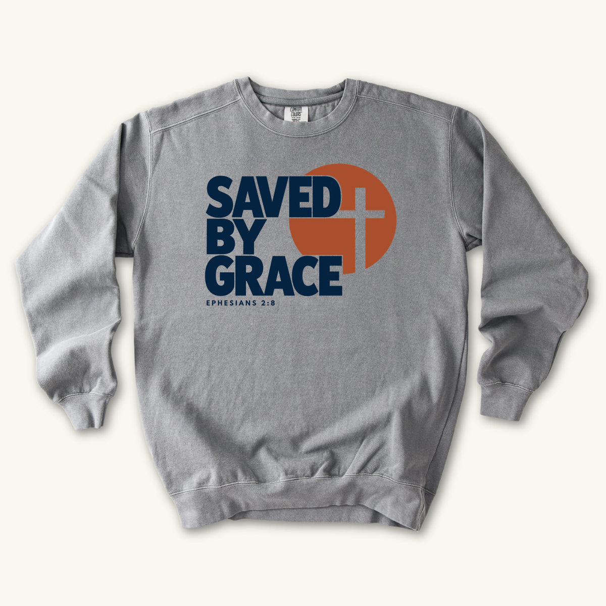Grey Saved by Grace Bold Cross sweatshirt flat lay mockup, Ephesians 2:8 Christian apparel for women