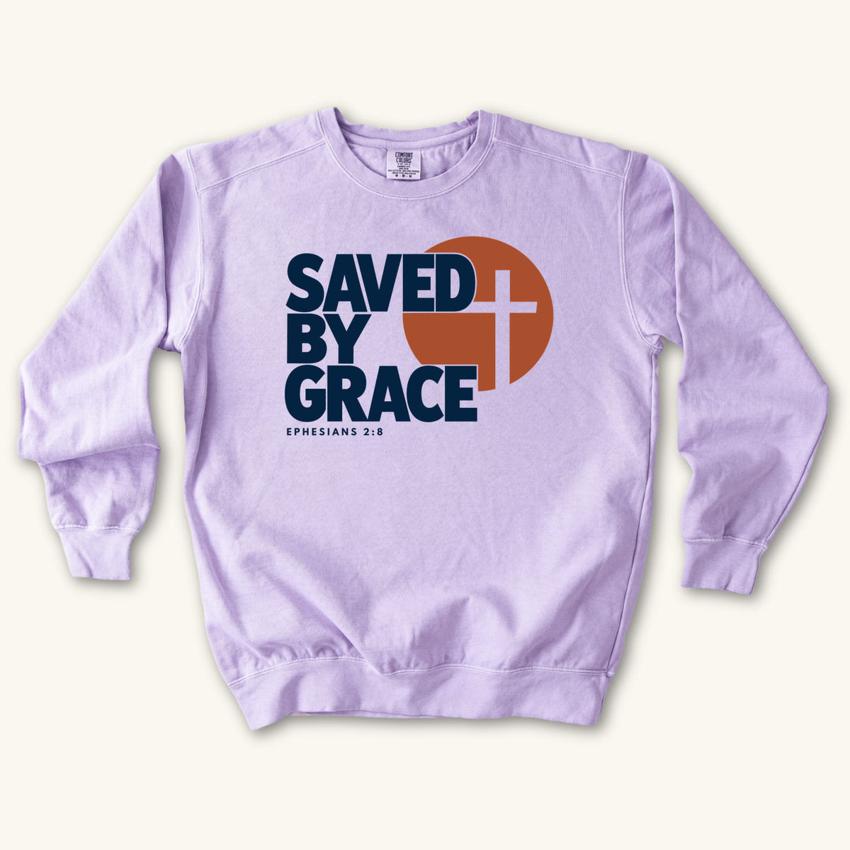Orchid Saved by Grace Bold Cross sweatshirt flat lay mockup, Ephesians 2:8 Christian apparel for women