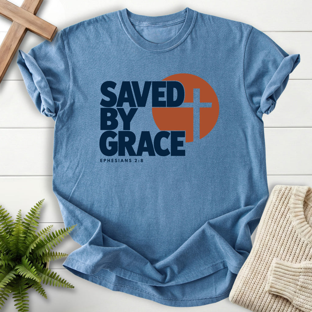 Blue Jean Saved by Grace Bold Cross T-shirt flat lay mockup, Ephesians 2:8 Christian apparel for women