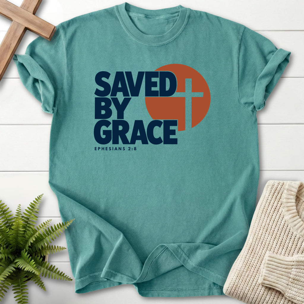 Chalky Mint Saved by Grace Bold Cross T-shirt flat lay mockup, Ephesians 2:8 Christian apparel for women