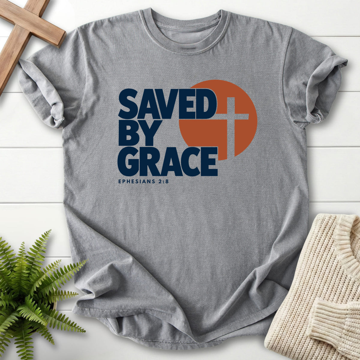 Grey Saved by Grace Bold Cross T-shirt flat lay mockup, Ephesians 2:8 Christian apparel for women